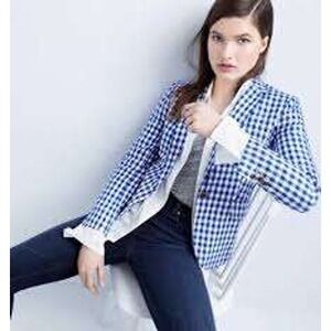 J.Crew Blue & White‎ Gingham Campbell Blazer Size 10P Linen Cotton
